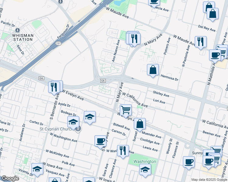 map of restaurants, bars, coffee shops, grocery stores, and more near 243 Buena Vista Avenue in Sunnyvale