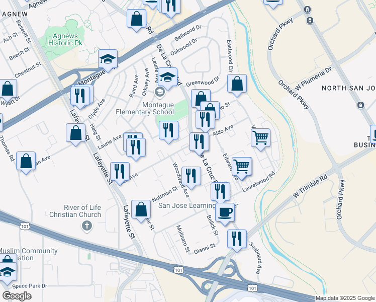 map of restaurants, bars, coffee shops, grocery stores, and more near 3500 De La Cruz Boulevard in Santa Clara