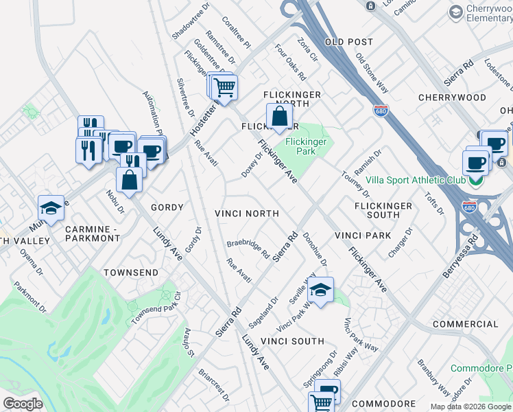 map of restaurants, bars, coffee shops, grocery stores, and more near 1445 Donohue Drive in San Jose