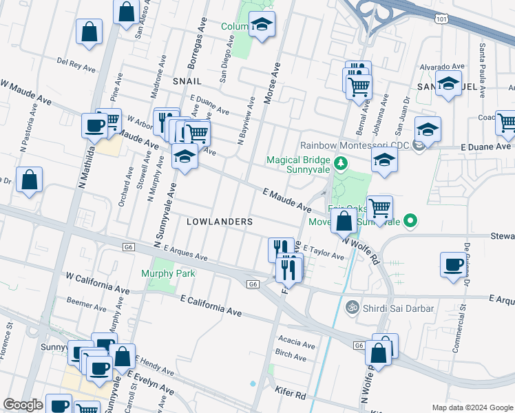 map of restaurants, bars, coffee shops, grocery stores, and more near 479 Roosevelt Avenue in Sunnyvale
