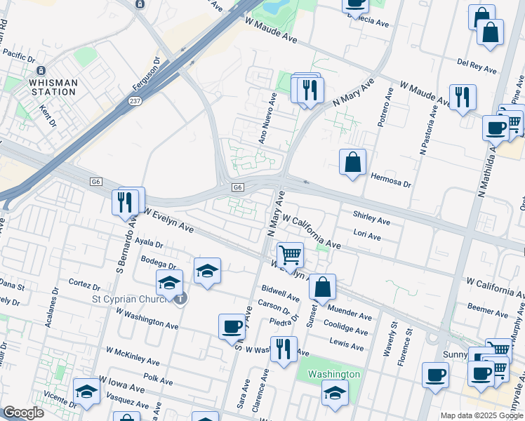 map of restaurants, bars, coffee shops, grocery stores, and more near 1024 Chula Vista Terrace in Sunnyvale
