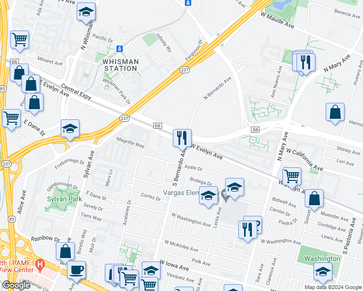 map of restaurants, bars, coffee shops, grocery stores, and more near 769 East Evelyn Avenue in Mountain View