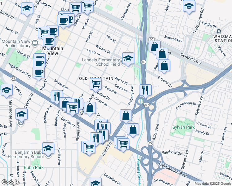 map of restaurants, bars, coffee shops, grocery stores, and more near 105 Eldora Drive in Mountain View