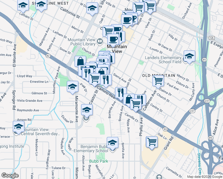 map of restaurants, bars, coffee shops, grocery stores, and more near 655 Fairmont Avenue in Mountain View