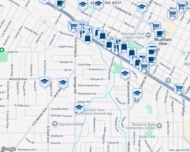 map of restaurants, bars, coffee shops, grocery stores, and more near 1453 Ernestine Lane in Mountain View