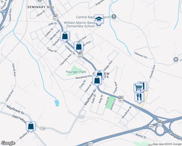 map of restaurants, bars, coffee shops, grocery stores, and more near 3234 Nelson Street in Lynchburg
