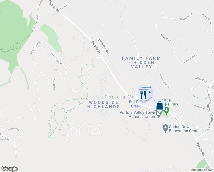 map of restaurants, bars, coffee shops, grocery stores, and more near 57 Santa Maria Avenue in Portola Valley