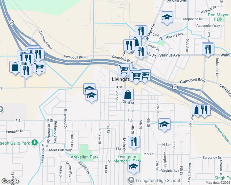 map of restaurants, bars, coffee shops, grocery stores, and more near 1246 B Street in Livingston