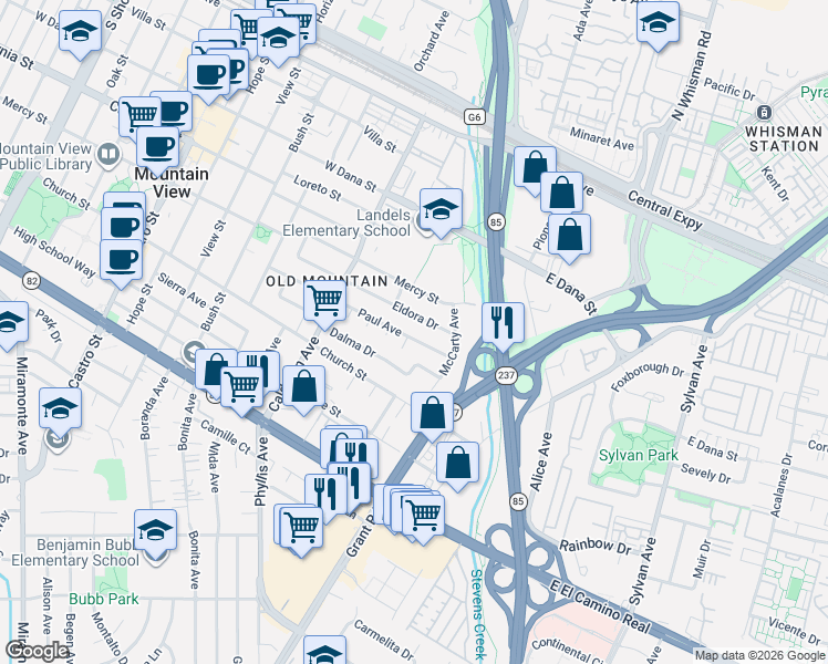 map of restaurants, bars, coffee shops, grocery stores, and more near 78 Eldora Drive in Mountain View