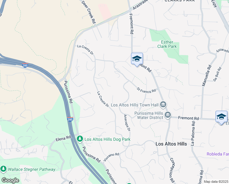 map of restaurants, bars, coffee shops, grocery stores, and more near 26585 Anacapa Drive in Los Altos Hills