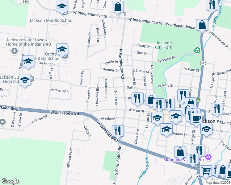 map of restaurants, bars, coffee shops, grocery stores, and more near 222 North Bast Street in Jackson