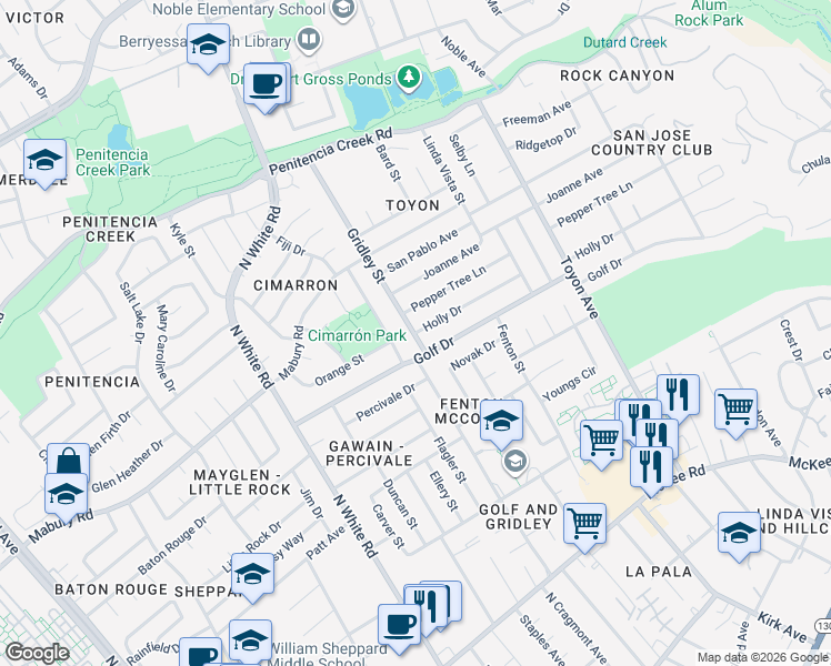 map of restaurants, bars, coffee shops, grocery stores, and more near 2111 Holly Drive in San Jose