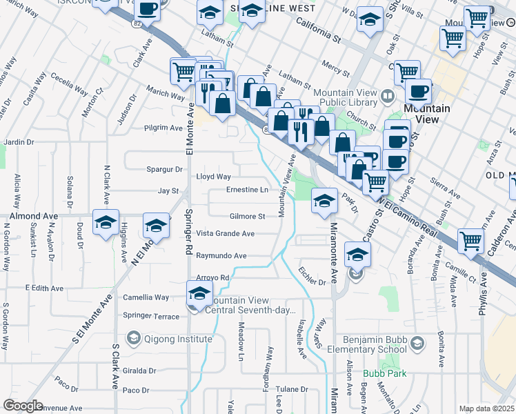 map of restaurants, bars, coffee shops, grocery stores, and more near 1453 Ernestine Lane in Mountain View