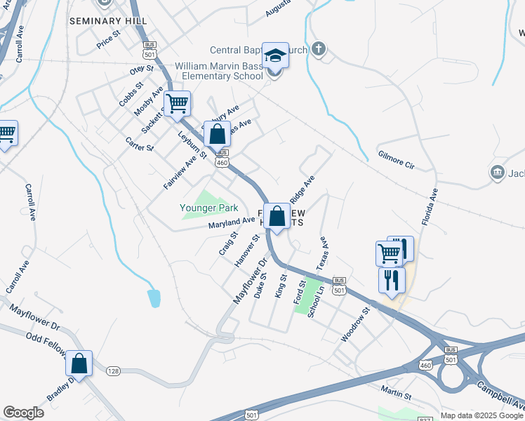 map of restaurants, bars, coffee shops, grocery stores, and more near 3401 Campbell Avenue in Lynchburg