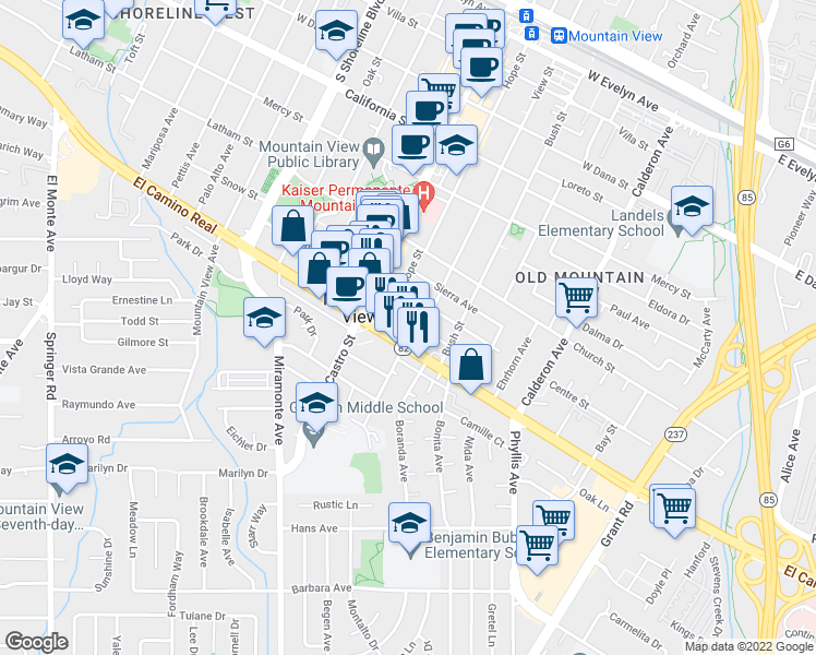 map of restaurants, bars, coffee shops, grocery stores, and more near 655 Fairmont Avenue in Mountain View