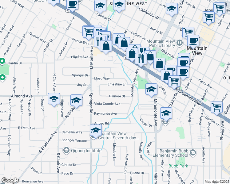map of restaurants, bars, coffee shops, grocery stores, and more near 1453 Ernestine Lane in Mountain View