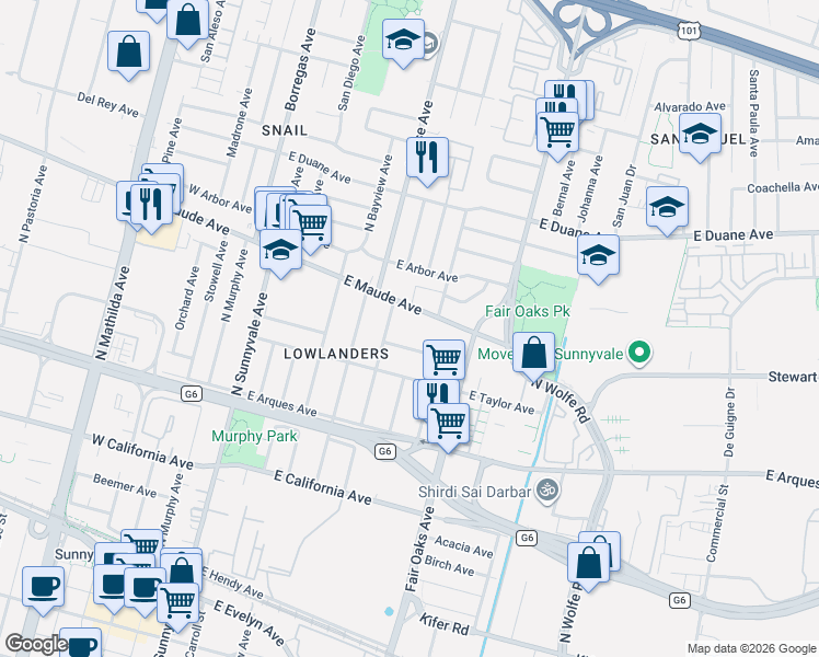 map of restaurants, bars, coffee shops, grocery stores, and more near 524 East Maude Avenue in Sunnyvale