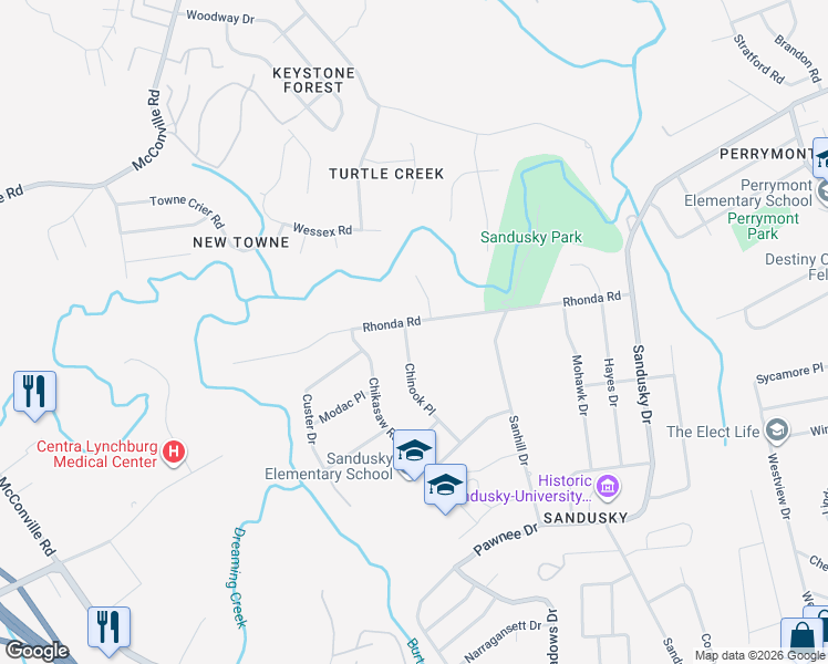 map of restaurants, bars, coffee shops, grocery stores, and more near 5909 Rhonda Road in Lynchburg