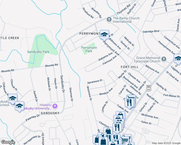 map of restaurants, bars, coffee shops, grocery stores, and more near 4652 Fairmont Avenue in Lynchburg