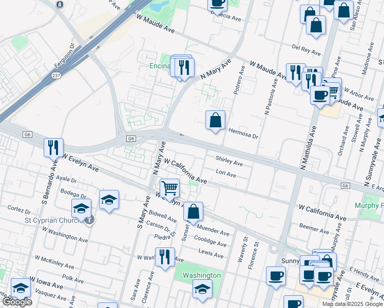 map of restaurants, bars, coffee shops, grocery stores, and more near 963 La Mesa Terrace in Sunnyvale