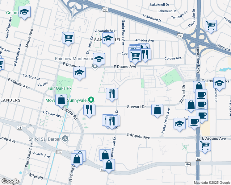map of restaurants, bars, coffee shops, grocery stores, and more near in Sunnyvale