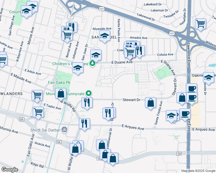 map of restaurants, bars, coffee shops, grocery stores, and more near 818 Gridley Terrace in Sunnyvale