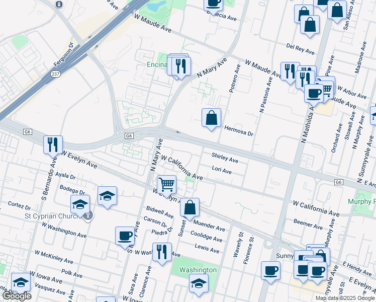 map of restaurants, bars, coffee shops, grocery stores, and more near 975 La Mesa Terrace in Sunnyvale