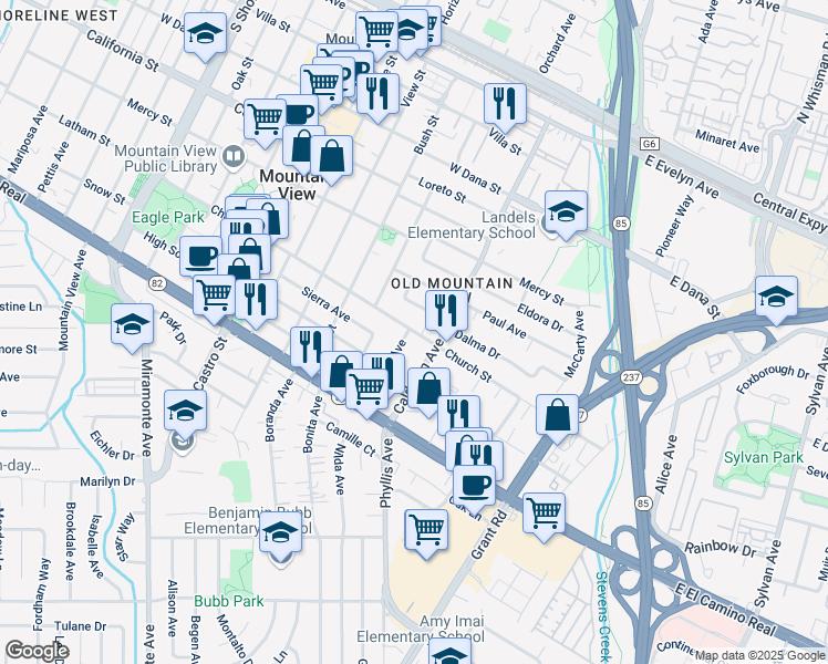 map of restaurants, bars, coffee shops, grocery stores, and more near 273 Jessie Lane in Mountain View