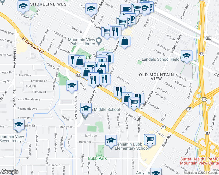 map of restaurants, bars, coffee shops, grocery stores, and more near 655 Fairmont Avenue in Mountain View
