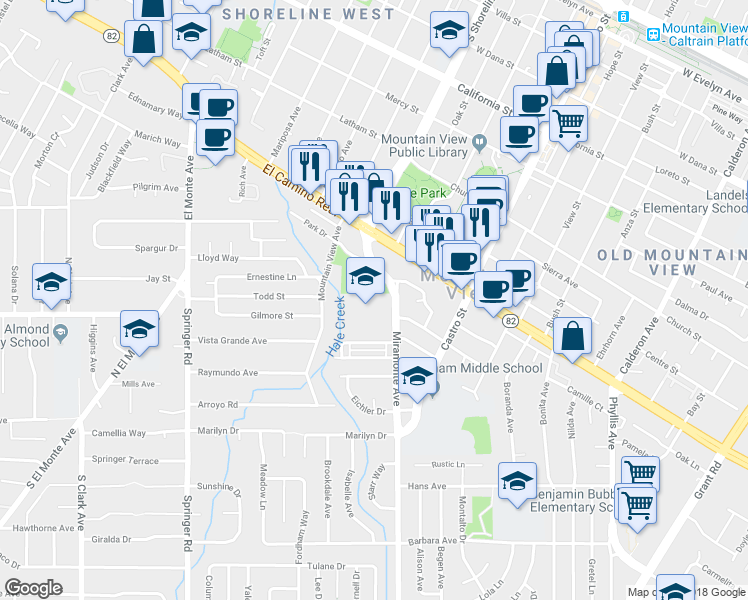 map of restaurants, bars, coffee shops, grocery stores, and more near in Mountain View