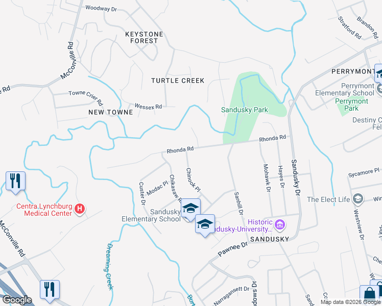 map of restaurants, bars, coffee shops, grocery stores, and more near 5909 Rhonda Road in Lynchburg