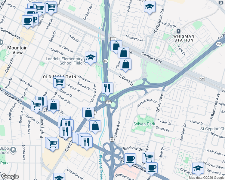 map of restaurants, bars, coffee shops, grocery stores, and more near 355 Pioneer Way in Mountain View