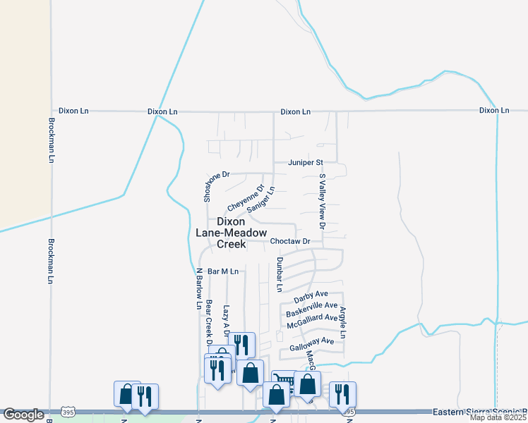 map of restaurants, bars, coffee shops, grocery stores, and more near Saniger Lane in Bishop