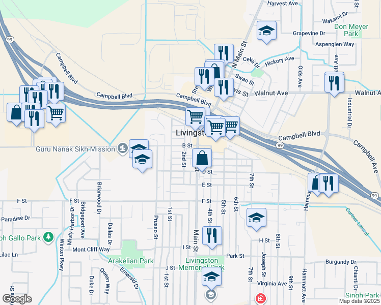 map of restaurants, bars, coffee shops, grocery stores, and more near 1246 B Street in Livingston