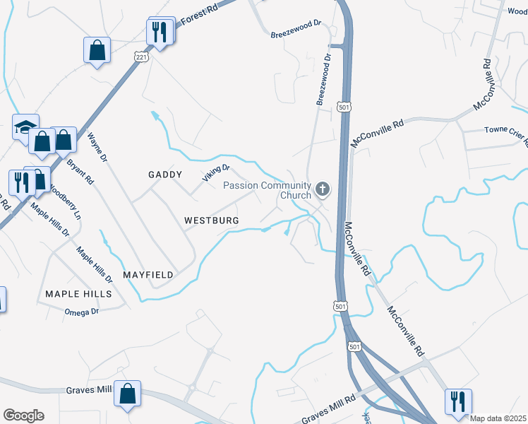 map of restaurants, bars, coffee shops, grocery stores, and more near 108 Jonathans Landing in Lynchburg