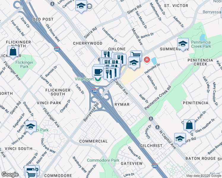 map of restaurants, bars, coffee shops, grocery stores, and more near 2481 Berryessa Road in San Jose