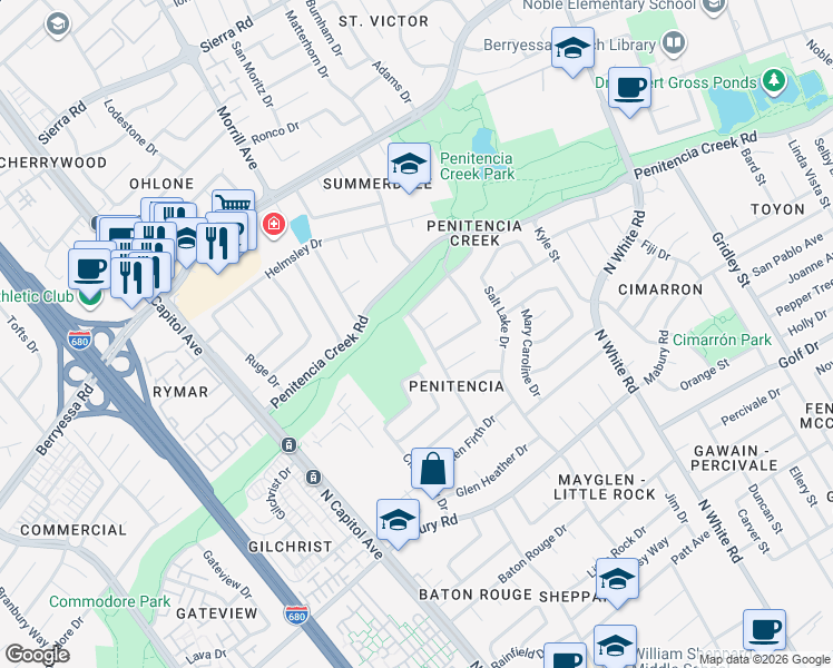 map of restaurants, bars, coffee shops, grocery stores, and more near 933 Foxridge Way in San Jose