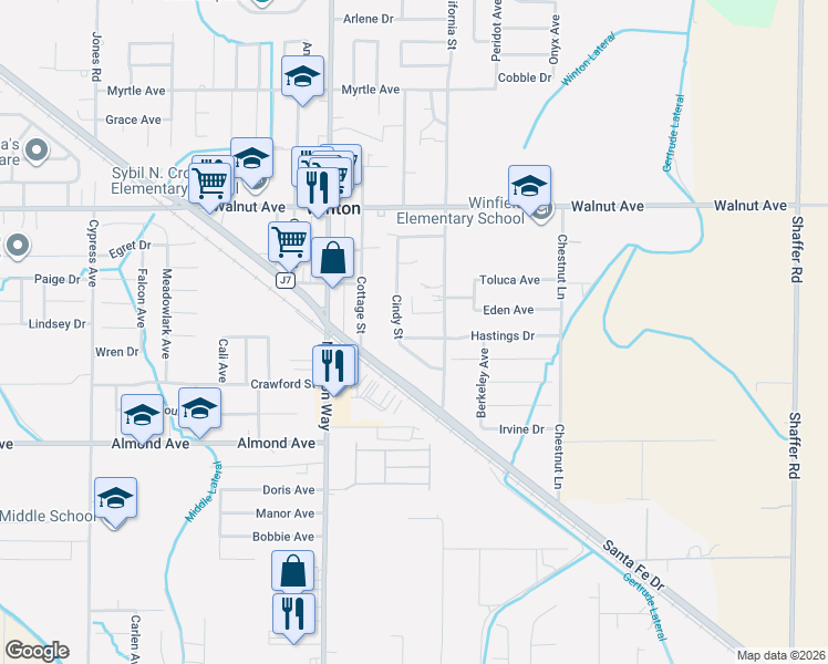 map of restaurants, bars, coffee shops, grocery stores, and more near 6812 Helton Street in Winton