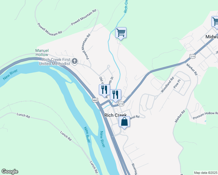 map of restaurants, bars, coffee shops, grocery stores, and more near 106 North Street in Rich Creek