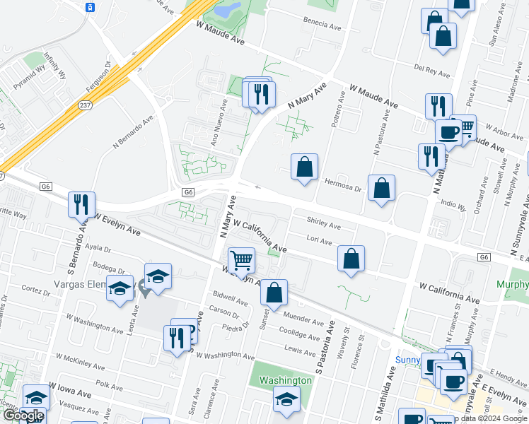 map of restaurants, bars, coffee shops, grocery stores, and more near 969 La Mesa Terrace in Sunnyvale