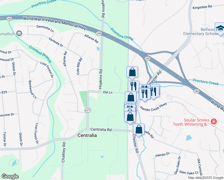 map of restaurants, bars, coffee shops, grocery stores, and more near 4520 Old Lane in Chester