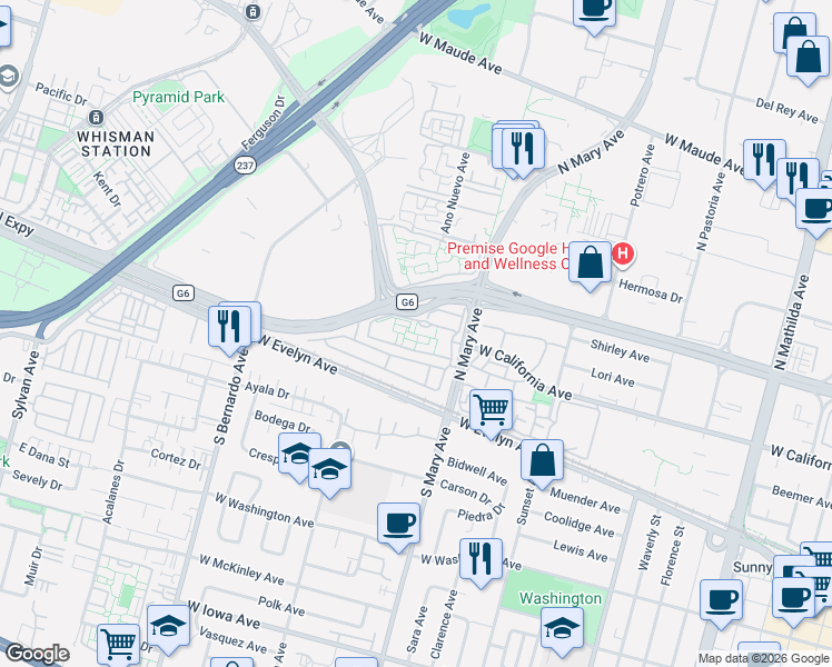 map of restaurants, bars, coffee shops, grocery stores, and more near 243 Buena Vista Avenue in Sunnyvale