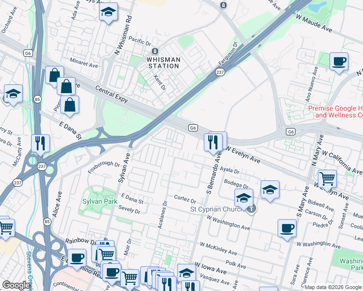 map of restaurants, bars, coffee shops, grocery stores, and more near 496 Kahlo Street in Mountain View