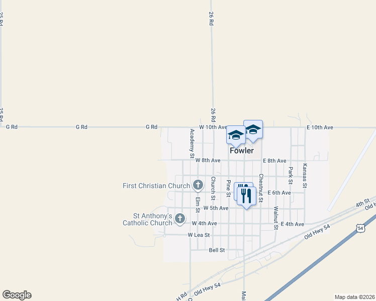 map of restaurants, bars, coffee shops, grocery stores, and more near 801-899 Academy Street in Fowler