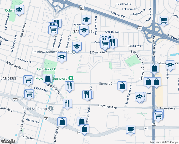 map of restaurants, bars, coffee shops, grocery stores, and more near in Sunnyvale