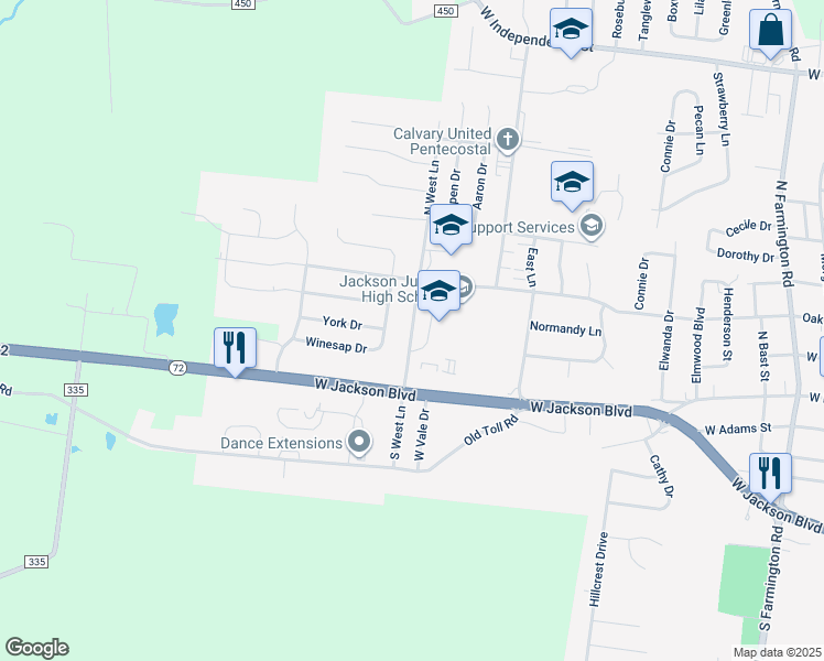 map of restaurants, bars, coffee shops, grocery stores, and more near 210 North West Lane in Jackson