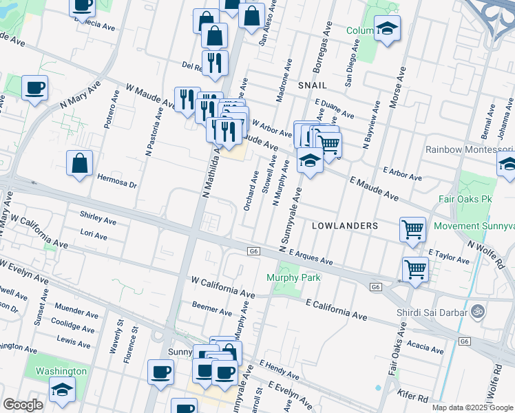 map of restaurants, bars, coffee shops, grocery stores, and more near 345 Stowell Avenue in Sunnyvale