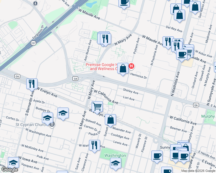 map of restaurants, bars, coffee shops, grocery stores, and more near 969 La Mesa Terrace in Sunnyvale