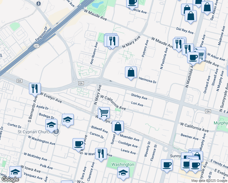 map of restaurants, bars, coffee shops, grocery stores, and more near 975 La Mesa Terrace in Sunnyvale
