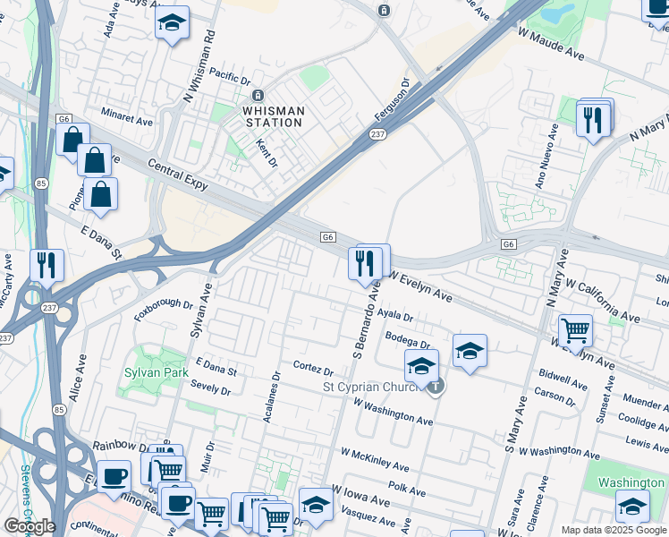 map of restaurants, bars, coffee shops, grocery stores, and more near 531 East Evelyn Avenue in Mountain View